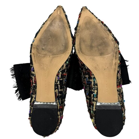 Zara Multicolor Tweed Pointed Flats Black Frayed Bow Women's Size EU 37/US 6.5 - Picture 11 of 16